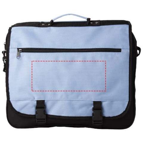 Exhibition bag with adjustable shoulder strap, buckle closure flap, zipper pocket in flap, zippered main compartment and several open pockets under flap.