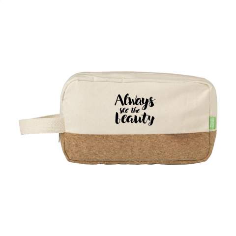 WoW! Toiletry bag made of natural materials: organic canvas and cork. With zipper, handy carrying strap and lined with watertight PEVA.