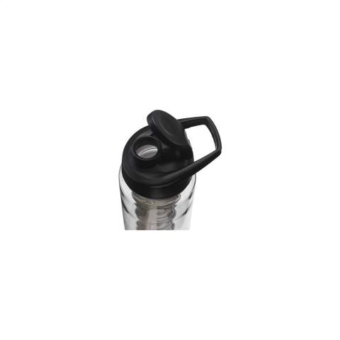 Water bottle with infuser. Made from clear Tritan plastic. With coloured, practical screw cap and lockable drinking opening. Leak proof. Fill the large infuser compartment with fresh fruit or vegetables and create your own taste sensation. Not dishwasher-safe. Capacity 700 ml.