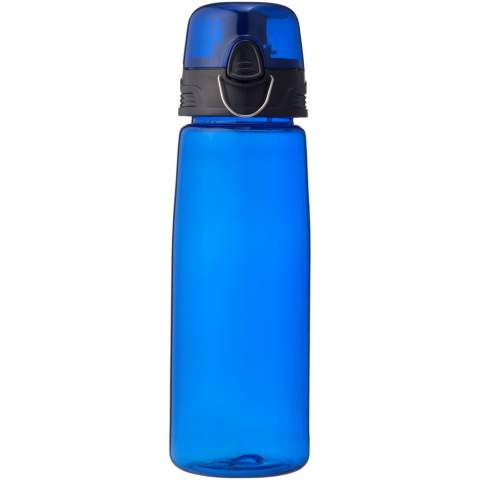 In durstigen Zeiten ist die leichte Capri 700 ml Sportflasche ein Lebensretter. Die Flasche hat einen aufklappbaren Trinkdeckel mit Ausgießer, der sie schützt und sauber hält. Mit dem Druckknopf lässt sie sich leicht öffnen. Die transparente Flasche besteht aus robustem, flecken- und geruchsfreiem Eastman Tritan™ und ist somit langlebig und BPA-frei.