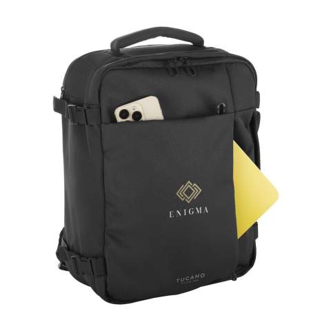 Cabin travel backpack from the Italian brand Tucano. This backpack meets the size requirements of all low-cost airlines. The backpack is made with fabric produced from recycled plastic, including 24 recycled PET bottles. The main compartment is large and spacious, ideal for clothing and accessories. The zip closure has lockable zip pulls, so you can secure the main compartment with any suitable padlock (not included). The backpack also has an internal AirTag holder. The padded, shock-resistant back pocket is suitable for carrying laptops up to 15.6 inches or MacBook Pro 16 inches. Fully lined. The adjustable, padded shoulder straps and padded back ensure extra comfort. With a handy trolley strap and extra zip pocket on the back, ideal for storing personal documents. Enjoy perfect portability with two handles, one on the top and one on the side. This backpack is specially designed for all low-cost airlines, making it the perfect travel companion for air travel. Capacity approx. 23 litres.
