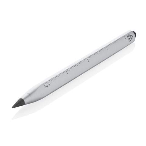 Modern infinity pen made with RCS certified recycled aluminum. Total recycled content: 40% based on total item weight. RCS certification ensures a completely certified supply chain of the recycled materials. Triangle shaped body with CM indication on one side and Inches on another side. Traditional wooden pencils write only up to around 200 metres but this Tree free infinity pencil, has a writing length of up to around 20000 metres using a graphite tip to produce a graphite line. Not only does it write like a pencil, but the markings can be erased. It works by leaving a graphite line on paper just like a regular traditional wooden pencil but it wears down so slowly, that it should outlast up to 100 traditional wooden pencils! With touch tip to operate mobile device. Packed in FSC® mix packaging.