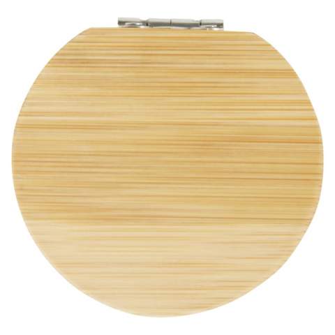 Kompakter Bambus-Taschenspiegel für die Reise oder den täglichen Gebrauch für Hautpflege und Make-up. An der Unterseite des Spiegels befindet sich ein kleines Fach für kleine Accessoires. Der verwendete Bambus wird nach nachhaltigen Normen beschafft und produziert.