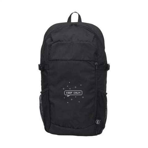 Backpack made from sturdy RPET polyester. A slim design with a generous compartment with space to safely carry a laptop up to 15.6 inches. With extra zip pocket on the front and a mesh pocket on both sides. The adjustable shoulder straps and back panel are lined with mesh fabric and fitted with foam for extra carrying comfort. The adjustable shoulder straps have extra loops and a strap to keep them in place while carrying. With sturdy zips, fully lined and neatly finished. A compact backpack with a surprising amount of space. GRS-certified. Total recycled material: 92%. Capacity approx. 12 litres.