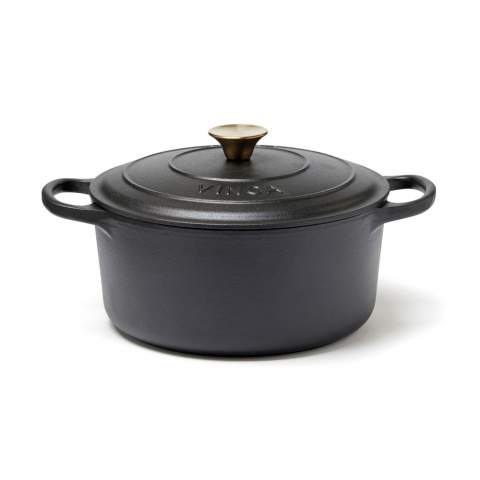 Experience the Monte series' large and robust cast iron pot, perfect for casseroles and slow cooking, thanks to its exceptional heat capacity. The pot boasts a thick base that prevents contents from burning easily. The lid features small spikes that enable even and gentle distribution of water vapour from condensation over the contents, offering a self-basting feature. The pot's black enamel interior features larger pores and a slightly rougher surface that gradually fills with oil over time, producing a non-stick patina like that of raw cast iron. This cast iron pot is suitable for all types of hobs, including induction hobs.