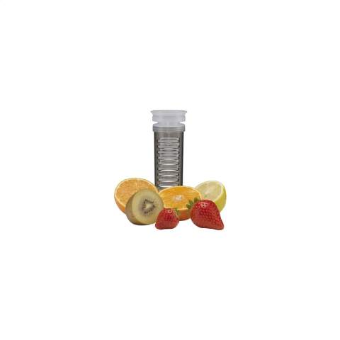 Water bottle with infuser. Made from clear Tritan plastic. With coloured, practical screw cap and lockable drinking opening. Leak proof. Fill the large infuser compartment with fresh fruit or vegetables and create your own taste sensation. Not dishwasher-safe. Capacity 700 ml.