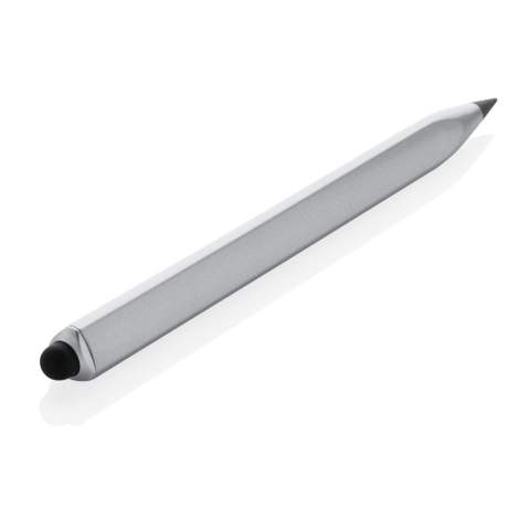 Modern infinity pen made with RCS certified recycled aluminum. Total recycled content: 40% based on total item weight. RCS certification ensures a completely certified supply chain of the recycled materials. Triangle shaped body with CM indication on one side and Inches on another side. Traditional wooden pencils write only up to around 200 metres but this Tree free infinity pencil, has a writing length of up to around 20000 metres using a graphite tip to produce a graphite line. Not only does it write like a pencil, but the markings can be erased. It works by leaving a graphite line on paper just like a regular traditional wooden pencil but it wears down so slowly, that it should outlast up to 100 traditional wooden pencils! With touch tip to operate mobile device. Packed in FSC® mix packaging.