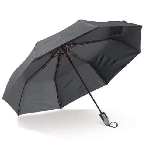 Beau parapluie pliable avec manche et poignée au design ergonomique. Les nervures du cadre sont en fibre de verre pour une durabilité accrue. Le cadre noir contraste agréablement avec le baldaquin coloré.