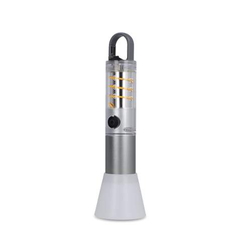 Torche rechargeable en aluminium recyclé avec une batterie de 1200mAh, une lumière LED de 10W et une lumière à filament, offrant jusqu'à 400lm de luminosité. Trois modes d'éclairage LED et deux pour  la lampe à filament. Équipée d'un clip intégré au dos et d'une fonction zoom pour une utilisation polyvalente.