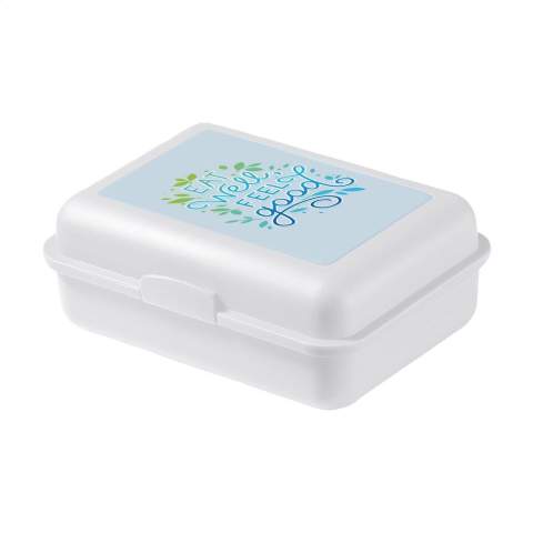 Practical, sizeable lunchbox made of sturdy bio-plastic. With handy click closure. Food Approved, taste neutral and 100% recyclable. Made in Germany.  The surface is ideal for a full colour iMould print (water, scratch, colour and UV resistant) of any design. Minimum order quantity per colour 500 pieces.