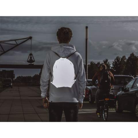 Rucksack aus grauem, reflektierendem, fluoreszierendem und wasserabweisendem Nylon. Speziell beschichtet. Mit Zugkordel und verstärkten Ecken. Damit sind Sie beim Spazierengehen oder Radfahren im Dunkeln sichtbar. Fassungsvermögen ca. 8 Liter.