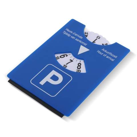 A Toppoint design parking disc and ice scraper. The parking disc complies with the European laws (except France). The blue side is a regular parking disc, the green side can be used while charging your electric or hybrid car.