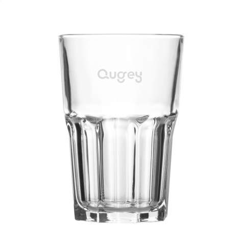 Tumbler glass inspired by classic American design. The glass is made with hardened glass making it extra resistant to breakage and hot liquids. Extremely suitable for serving both cold (water, soft drinks) and hot (coffee, tea, cappuccino, latte macchiato) drinks. Not suitable for boiling water. Fully stackable. Capacity 420 ml.
