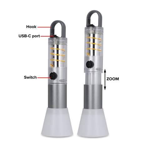 Torche rechargeable en aluminium recyclé avec une batterie de 1200mAh, une lumière LED de 10W et une lumière à filament, offrant jusqu'à 400lm de luminosité. Trois modes d'éclairage LED et deux pour  la lampe à filament. Équipée d'un clip intégré au dos et d'une fonction zoom pour une utilisation polyvalente.