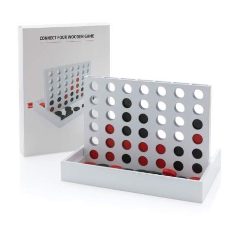 Enjoy a fun game night together with your friends! This strategy game is both fun and a good mental exercise. The aim is to get four pieces in a row. The game board is made of MDF and the 42 game pieces of schima superba wood and measures 24x16.5x3.5 cm. Presented in a full colour gift box.