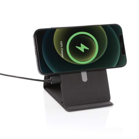 Flat and foldable 10W wireless charger. The PU material charger can be used both flat and as a stand. Wireless charging in stand function is made for Iphone 12 and higher using magnetic charging. For other wireless charging phones, it is recommended to use it in flat mode. The 10W wireless charger is compatible with all QI devices (Iphone 8 and up and Android devices) Type-C input 9V/2A; Wireless Output 9V/1.1A;; Including 120 cm PVC free TPE material charging cable. 19 pcs high quality N52H heat resistant magnets integrated. Registered design.<br /><br />WirelessCharging: true