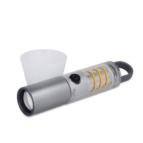 Torche rechargeable en aluminium recyclé avec une batterie de 1200mAh, une lumière LED de 10W et une lumière à filament, offrant jusqu'à 400lm de luminosité. Trois modes d'éclairage LED et deux pour  la lampe à filament. Équipée d'un clip intégré au dos et d'une fonction zoom pour une utilisation polyvalente.