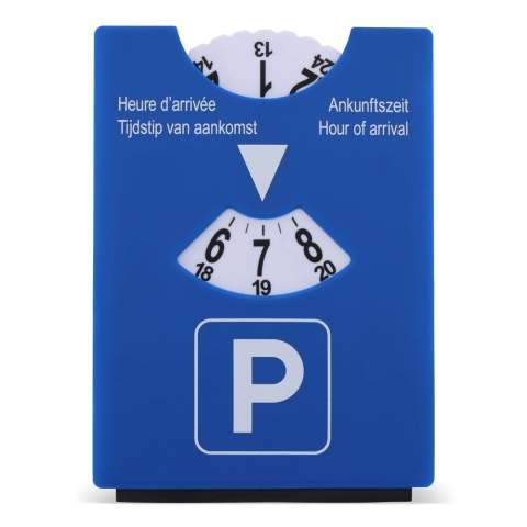 A Toppoint design parking disc and ice scraper. The parking disc complies with the European laws (except France). The blue side is a regular parking disc, the green side can be used while charging your electric or hybrid car.