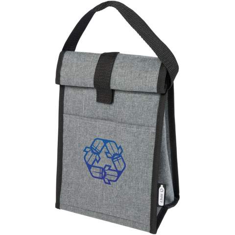 The Reclaim 4-can cooler bag features an exterior made from 100% GRS certified recycled PET plastic, making it a sustainable choice. Features a fold-over closure and a grab handle for easy carrying.