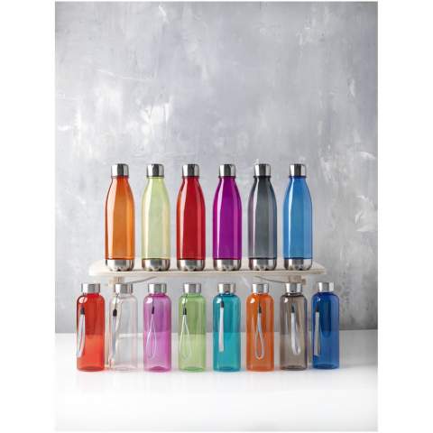 Single-walled water bottle in durable material with screw-on lid. Shatter, stain, and odour resistant. Features a stainless steel lid and bottom. BPA free. Volume capacity is 685 ml.