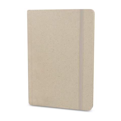 This sustainable A5 notebook features a cover made from grass fragment paper. It contains 80 sheets of FSC 70g/m² lined paper, with an elastic band closure and a ribbon bookmarker.