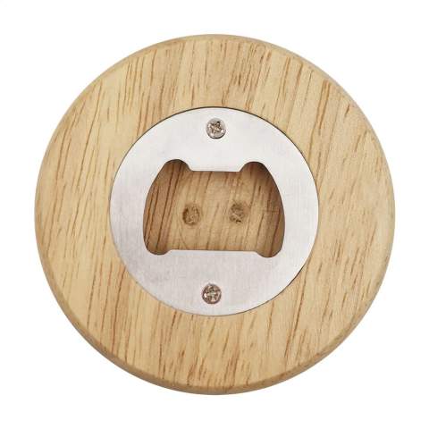 Circular beech wood bottle opener.