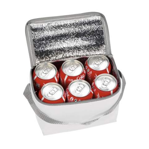 600D polyester cooler bag, ideal for a 6-pack of drinks cans. With a carry-strap.