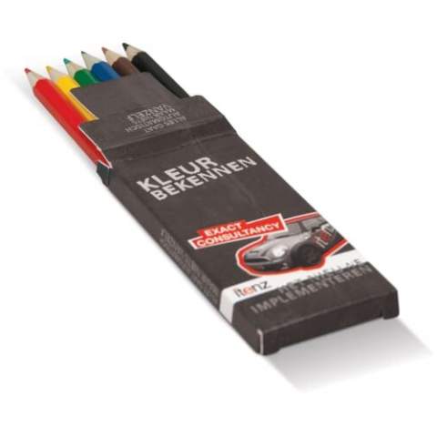 6 crayons de couleurs dans une boîte pouvant être totalement personnalisée.