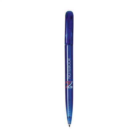 Blue or black ink ballpoint pen with a transparent coloured barrel, curved clip and twist mechanism.