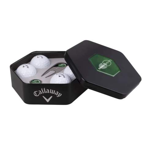 Tin with a metal pitchfork, a metal ball marker and 4 Callaway Warbird golf balls