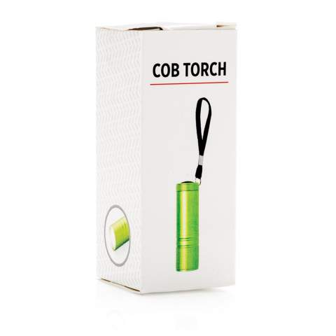 Super bright pocket sized COB torch. This COB torch is much brighter than regular LED torches and consumes less energy so it can be used up to 30% longer on the same battery. With strong aluminium body and carrying strap. Including 3x AAA batteries for direct use.