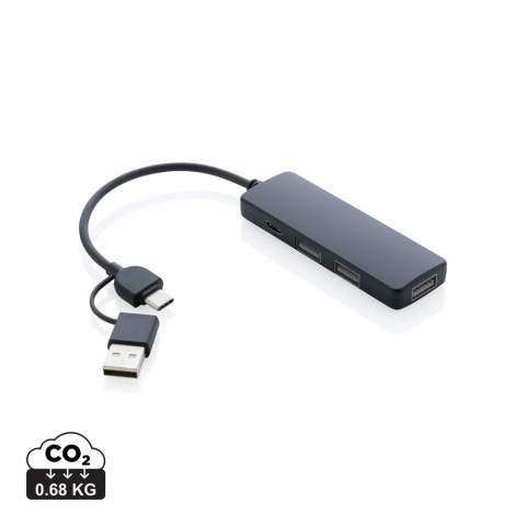 Hub USB avec boîtier fabriqué à partir de plastique ABS 100% recyclé selon la norme RCS. RCS (Recycled Claim Standard) est une norme permettant de vérifier le contenu recyclé d'un produit tout au long de la chaîne d'approvisionnement. Contenu recyclé total : 50 % sur la base du poids total de l'article. Avec 3 ports USB A 2.0 et 1 port de type C, le hub dispose d'un câble intégré de 8,5 cm en TPE 100% recyclé et certifié RCS. Avec un double connecteur d'entrée, il convient aussi bien aux ordinateurs de type C qu'à ceux de type A. Article et accessoires 100% sans PVC. Emballé dans un emballage mixte FSC.<br /><br />PVC free: true