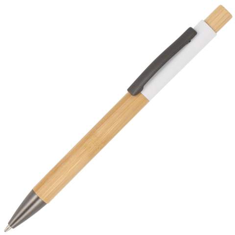 Maak kennis met 'Madrid', onze elegante aluminium pen met metalen clip, houten barrel en drukker, die een vleugje natuur toevoegt aan je schrijfervaring. Met blauwschrijvende vulling.