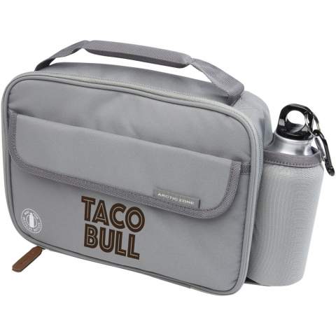 Lunch cooler bag from Arctic Zone® with the exterior made from recycled plastic bottles. Features an insulated, zippered main compartment that is large enough for reusable lunch containers or bento boxes. Also featuring a side mesh pocket, a padded handle on the top, and a front pocket with hook & loop closure. The interior of the bag features high density thermal insulation.