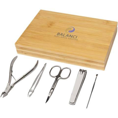 High quality and beautifully made bamboo manicure set with a cuticle nipper (10.3 x 4.3 x 1 cm), ear pick (8 cm), nail clippers for finger and toenails (8 x 1.5 x 1.5 cm), tweezers (8.5 x 0.7 cm), and a pair of scissors (9.5 x 4.2 cm). The bamboo used is sourced and produced following sustainable standards.