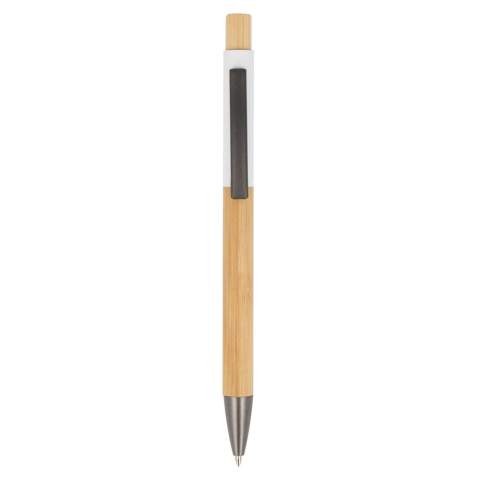 Maak kennis met 'Madrid', onze elegante aluminium pen met metalen clip, houten barrel en drukker, die een vleugje natuur toevoegt aan je schrijfervaring. Met blauwschrijvende vulling.