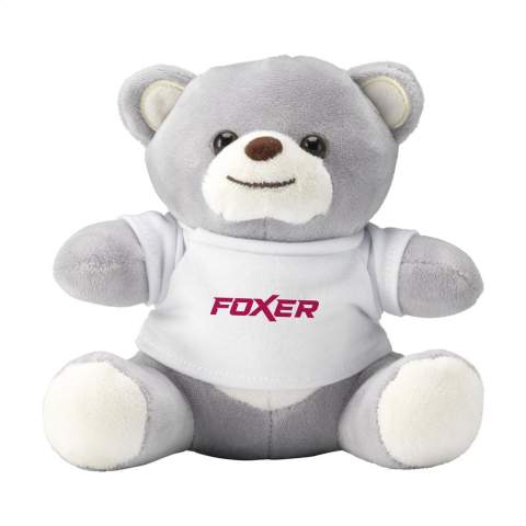 Lichtgrijze, superzachte knuffelbeer in mini formaat. Met kraalogen, verharde neus en wit T-shirt. Zonder opdruk worden de beren en T-shirts los geleverd.
