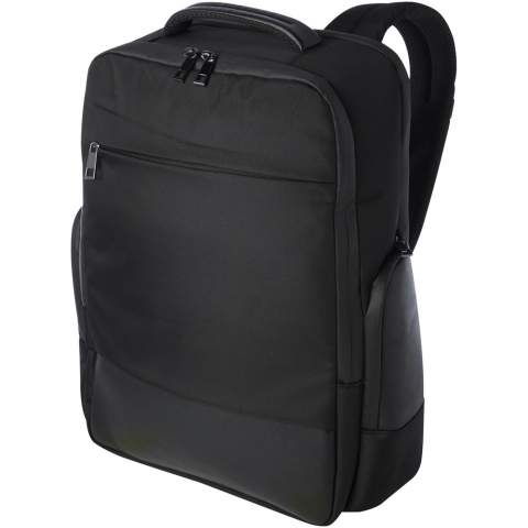The sleek, large and sturdy GRS certified Expedition Pro laptop backpack is a perfect companion for professionals on-the-go. It is made from water repellent 900D RPET, coupled with premium PU elements and RPET lining. It features a dedicated 15.6" laptop compartment, a tablet sleeve, a spacious main compartment with integrated leak-proof pocket for toiletries, multiple organisational and side pockets, a zipped front pocket and a hidden pocket right beneath the luggage strap on the back. Constructed with padded and adjustable shoulder straps, an integrated card sleeve pocket, a sunglasses loop, moulded air mesh backing as well as a padded handle, ensuring maximum carrying comfort and convenience. Volume capacity: 25 litres. PVC free.