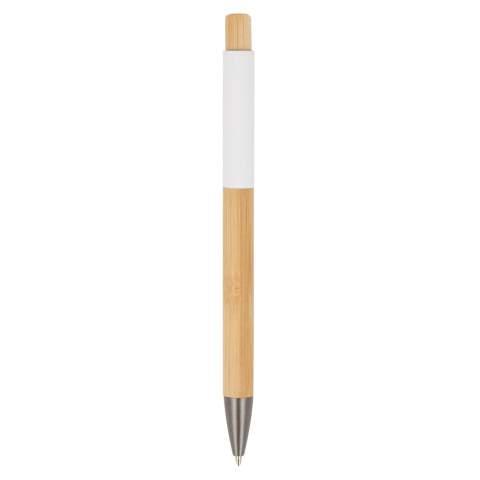 Maak kennis met 'Madrid', onze elegante aluminium pen met metalen clip, houten barrel en drukker, die een vleugje natuur toevoegt aan je schrijfervaring. Met blauwschrijvende vulling.