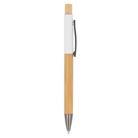 Maak kennis met 'Madrid', onze elegante aluminium pen met metalen clip, houten barrel en drukker, die een vleugje natuur toevoegt aan je schrijfervaring. Met blauwschrijvende vulling.