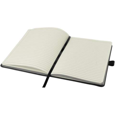 Carnet de notes A5 de papier beige ligné (80 feuilles). Possède un signet et un élastique de fermeture.