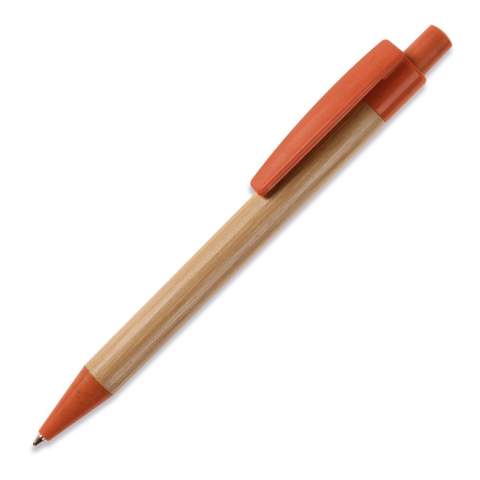 Stylo à bille en bambou avec clip, poussoir et pointe en paille de blé. Avec recharge d'écriture bleue en plastique x20 avec 2,5km d'écriture. 