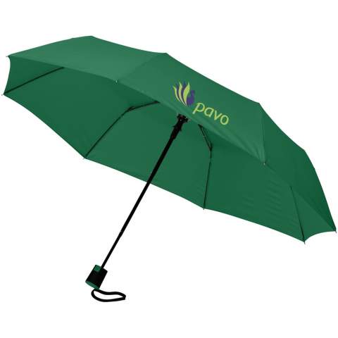 Wali 21" foldable auto open umbrella. 21" umbrella with metal frame, fiberglass ribs and plastic rubber coated handle. Umbrella is supplied with a pouch. Polyester. 