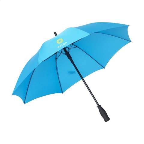 Paraplu met een RPET 190T pongee polyester bespanning. Deze paraplu heeft een metalen steel en een glasvezel frame. Met soft foam handgreep en klittenbandsluiting. Deze duurzame paraplu is deels gemaakt van gerecylede PET-flessen en levert een positieve bijdrage aan het milieu.