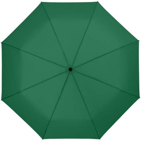 Wali 21" foldable auto open umbrella. 21" umbrella with metal frame, fiberglass ribs and plastic rubber coated handle. Umbrella is supplied with a pouch. Polyester. 