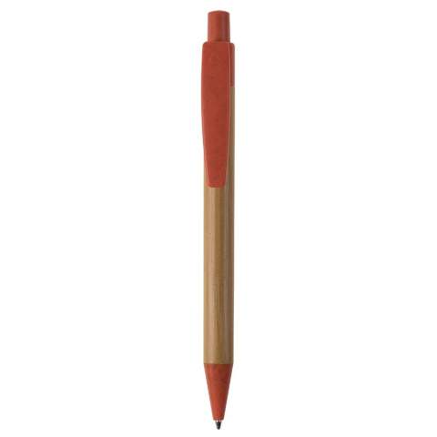 Stylo à bille en bambou avec clip, poussoir et pointe en paille de blé. Avec recharge d'écriture bleue en plastique x20 avec 2,5km d'écriture. 