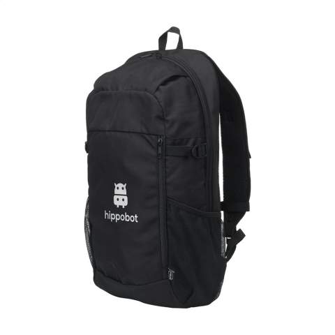 Backpack made from sturdy RPET polyester. A slim design with a generous compartment with space to safely carry a laptop up to 15.6 inches. With extra zip pocket on the front and a mesh pocket on both sides. The adjustable shoulder straps and back panel are lined with mesh fabric and fitted with foam for extra carrying comfort. The adjustable shoulder straps have extra loops and a strap to keep them in place while carrying. With sturdy zips, fully lined and neatly finished. A compact backpack with a surprising amount of space. GRS-certified. Total recycled material: 92%. Capacity approx. 12 litres.
