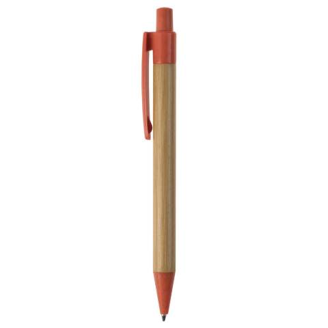 Stylo à bille en bambou avec clip, poussoir et pointe en paille de blé. Avec recharge d'écriture bleue en plastique x20 avec 2,5km d'écriture. 