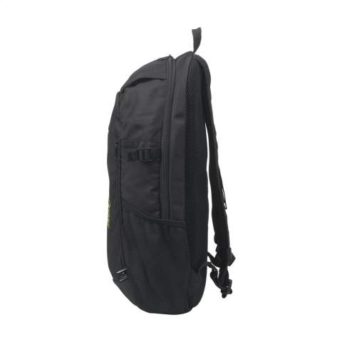 Backpack made from sturdy RPET polyester. A slim design with a generous compartment with space to safely carry a laptop up to 15.6 inches. With extra zip pocket on the front and a mesh pocket on both sides. The adjustable shoulder straps and back panel are lined with mesh fabric and fitted with foam for extra carrying comfort. The adjustable shoulder straps have extra loops and a strap to keep them in place while carrying. With sturdy zips, fully lined and neatly finished. A compact backpack with a surprising amount of space. GRS-certified. Total recycled material: 92%. Capacity approx. 12 litres.