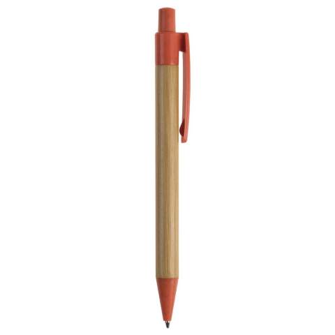 Stylo à bille en bambou avec clip, poussoir et pointe en paille de blé. Avec recharge d'écriture bleue en plastique x20 avec 2,5km d'écriture. 